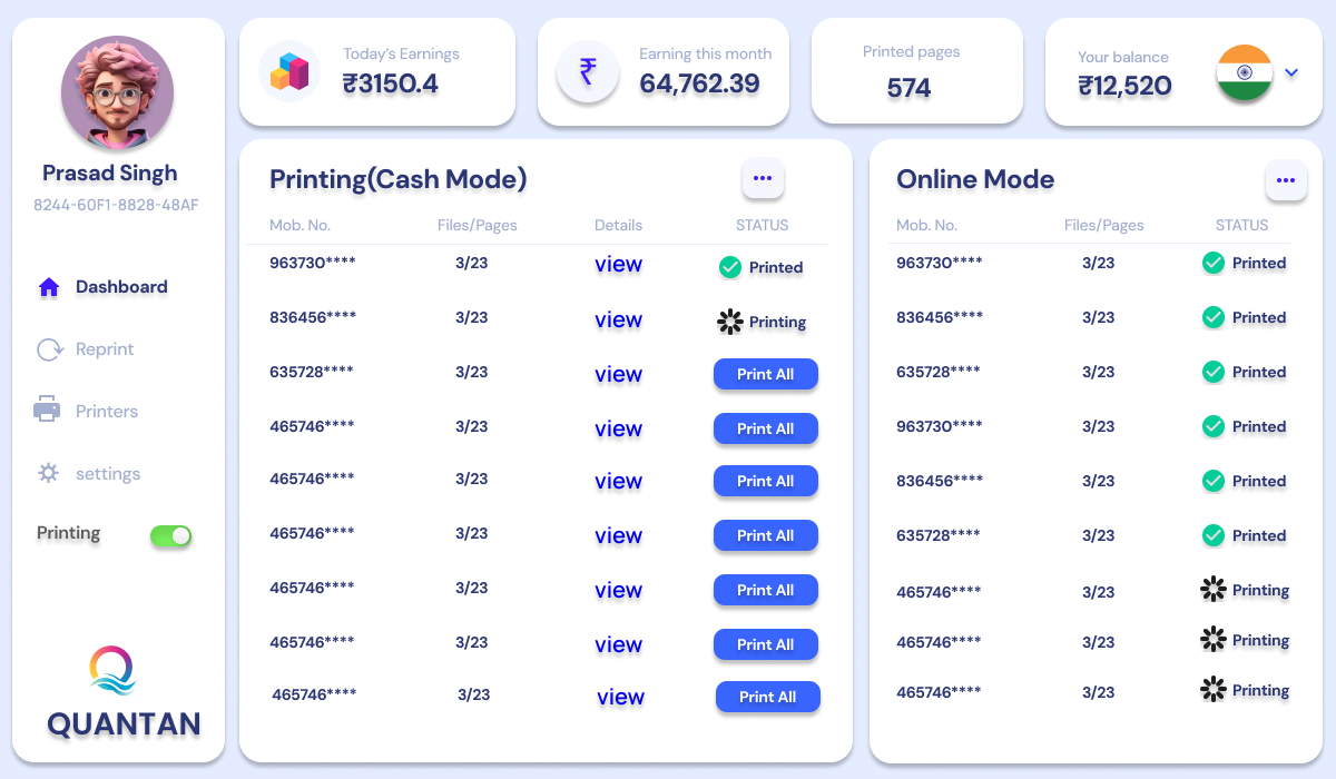 Quantan dashboard